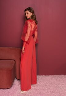 Style #812-8, long-sleeved jumpsuit with palazzo pants; available in cherry (shown online), grey-blue, purple, powder, black, ivory