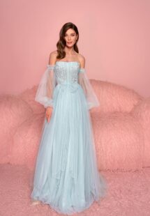 Style #813, tulle A-line gala dress with detachable long sleeves; available in light green (shown online), black, watermelon, peach, purple, pink, cherry, grey-blue, azure, ivory, white