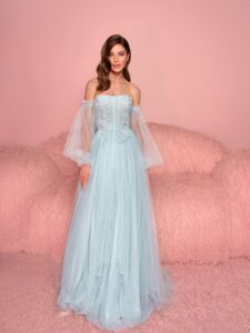 Style #813, tulle A-line gala dress with detachable long sleeves; available in light green (shown online), black, watermelon, peach, purple, pink, cherry, grey-blue, azure, ivory, white