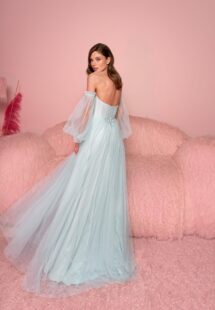 Style #813, tulle A-line gala dress with detachable long sleeves; available in light green (shown online), black, watermelon, peach, purple, pink, cherry, grey-blue, azure, ivory, white