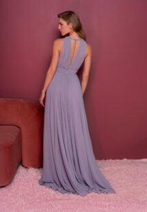 Style #814, halter neck evening gown with a high slit; available in smoky (shown online), ivory, watermelon, light green, peach, scarlet, cherry, pink, berry, cornflower blue, white, mint, powder, purple, black, yellow, sea green, grey-blue, sky-blue, azure
