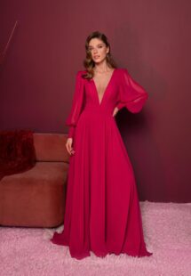Style #815, long-sleeved chiffon gala dress with a plunging neckline; available in berry (shown online), ivory, light green, watermelon, smoky, grey-blue, sky-blue, yellow, cornflower blue, pink, azure, black, red, mint, cherry, purple, powder, sea green