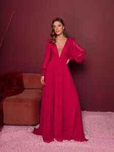 Style #815, long-sleeved chiffon gala dress with a plunging neckline; available in berry (shown online), ivory, light green, watermelon, smoky, grey-blue, sky-blue, yellow, cornflower blue, pink, azure, black, red, mint, cherry, purple, powder, sea green