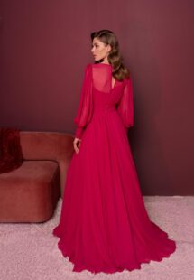 Style #815, long-sleeved chiffon gala dress with a plunging neckline; available in berry (shown online), ivory, light green, watermelon, smoky, grey-blue, sky-blue, yellow, cornflower blue, pink, azure, black, red, mint, cherry, purple, powder, sea green