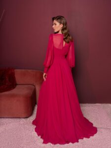 Style #815, long-sleeved chiffon gala dress with a plunging neckline; available in berry (shown online), ivory, light green, watermelon, smoky, grey-blue, sky-blue, yellow, cornflower blue, pink, azure, black, red, mint, cherry, purple, powder, sea green