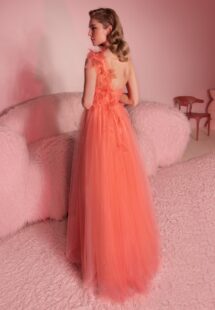 Style #821, one-shoulder A-line evening gown with 3D floral decor; available in coral (shown online), ivory, crimson, pink, blue, powder, black, red, green, cornflower blue, light green, sea green, watermelon, cherry, turquoise