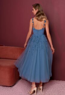 Style #822, spaghetti strap A-line gala dress with 3D floral decor; available in midi or floor length; in azure (shown online), ivory, purple, grey-blue, black, cherry, powder, pink, watermelon, light-green