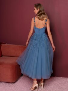 Style #822, spaghetti strap A-line gala dress with 3D floral decor; available in midi or floor length; in azure (shown online), ivory, purple, grey-blue, black, cherry, powder, pink, watermelon, light-green