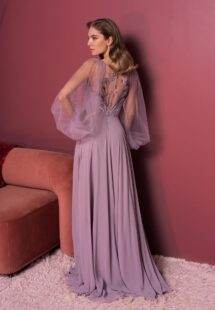 Style #824, sheath evening gown with voluminous long sleeves and floral embroidery; available in purple (shown online), light green, watermelon, pink, powder, cherry, grey-blue, azure, black