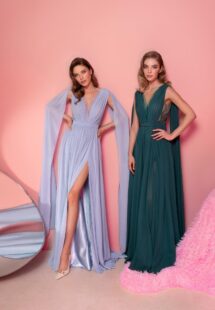 Style #828, chiffon sheath evening gown with cape sleeves and low back; available in grey-blue (shown online), green (shown online), purple, light green, watermelon, pink, powder, cherry, azure, black, ivory