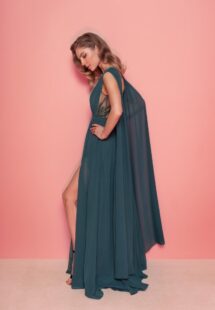 Style #828, chiffon sheath evening gown with cape sleeves and low back; available in grey-blue, green (shown online), purple, light green, watermelon, pink, powder, cherry, azure, black, ivory