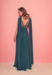 Style #828, chiffon sheath evening gown with cape sleeves and low back; available in grey-blue, green (shown online), purple, light green, watermelon, pink, powder, cherry, azure, black, ivory