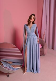 Style #828, chiffon sheath evening gown with cape sleeves and low back; available in grey-blue (shown online), green, purple, light green, watermelon, pink, powder, cherry, azure, black, ivory