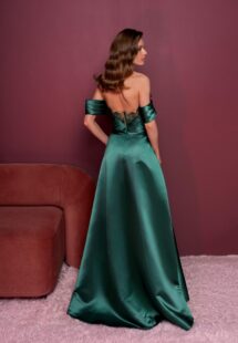 Style #833, off-the-shoulder satin gown with floral embroidery and a slit; available in green, black, blue