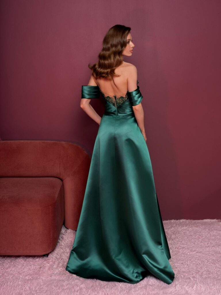 Style #833, off-the-shoulder satin gown with floral embroidery and a slit; available in green, black, blue