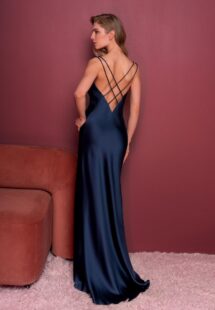 Style #835, slip style evening gown with spaghetti straps and cris-cross open back; available in midi or floor length; in dark blue (shown online), red, burgundy, ivory-peach