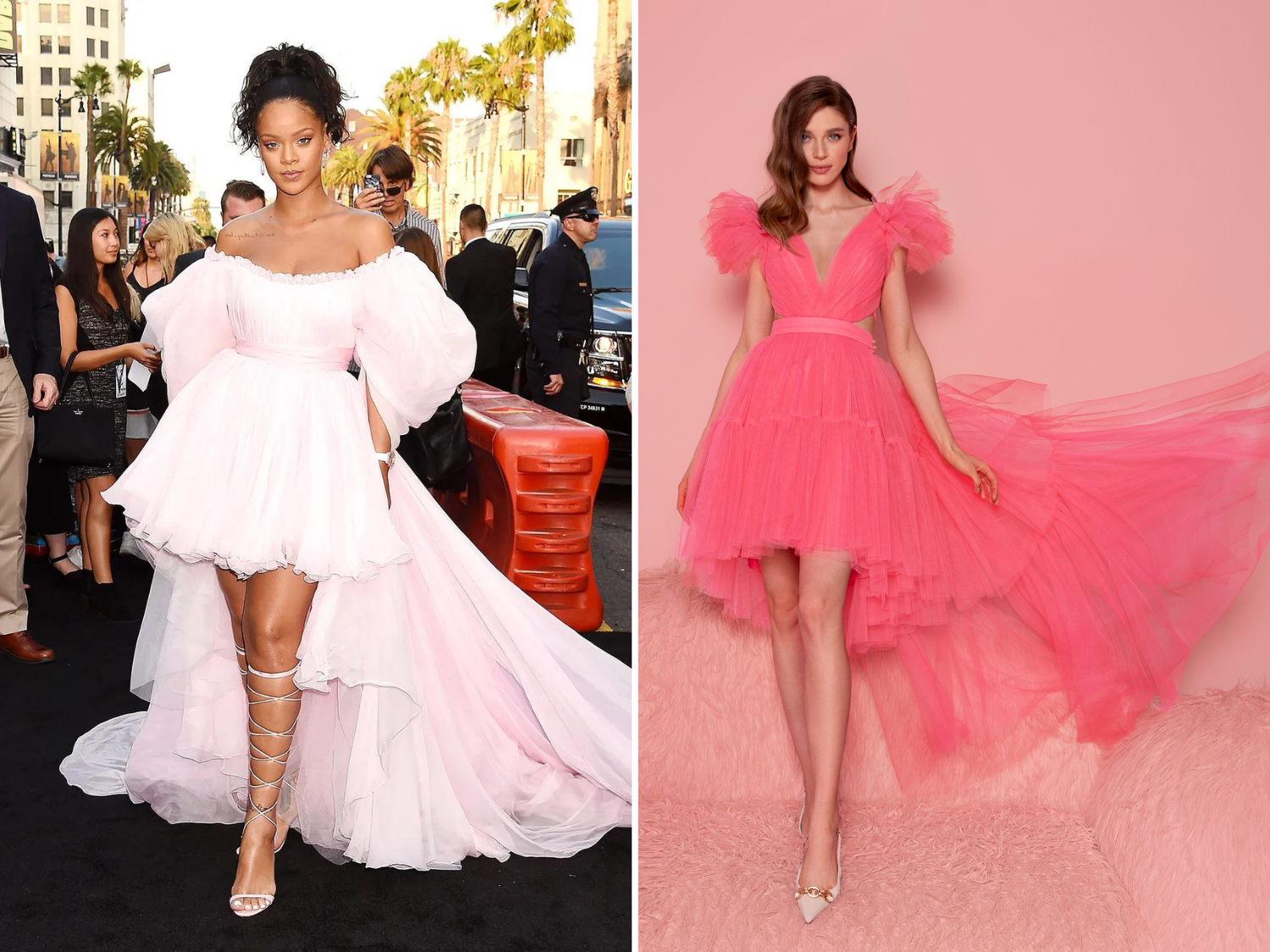 Two women showcasing prom dresses. On the left, Rhiana in pink gown from the premiere of "Valerian and the City of a Thousand Planets" stands outdoors with an off-shoulder, light pink dress that has puffy sleeves and a ruffled hem extending into a train, paired with strappy heels. On the right, a prom dress from Papilio Boutique in Toronto displays a striking pink hue with playful ruffles, a plunging neckline, and a whimsical tulle skirt with an elegant train, embodying a blend of modern style and fairytale charm.
