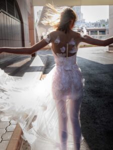 Short lace wedding dress with butterflies and tulle overlay; available in white-powder or all ivory