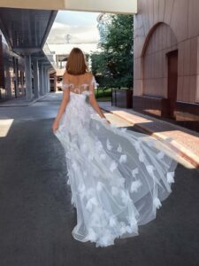 Short lace wedding dress with butterflies and tulle overlay; available in white-powder or all ivory