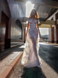 Short lace wedding dress with butterflies and tulle overlay; available in white-powder or all ivory
