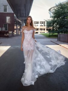 Short lace wedding dress with butterflies and tulle overlay; available in white-powder or all ivory