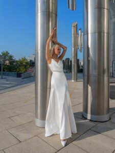 Cowl neckline wedding gown with beaded detailing