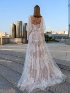 Ivory-powder lace A-line gown with long sleeves