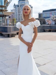 Fit & flare wedding dress with off-the-shoulder flower straps and thigh-high slit