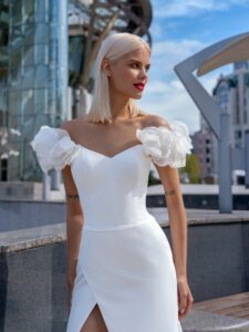 Fit & flare wedding dress with off-the-shoulder flower straps and thigh-high slit