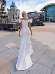 Fit & flare wedding dress with off-the-shoulder flower straps and thigh-high slit