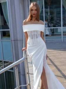 Three-piece bridal ensemble with off-the-shoulder cape
