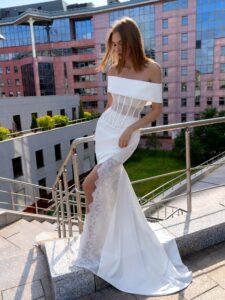 Three-piece bridal ensemble with off-the-shoulder cape