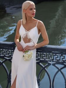 Spaghetti strap wedding dress with cut-out detail