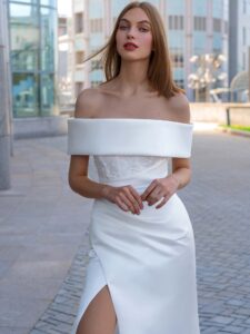 Satin wrap-style wedding gown with detachable cape