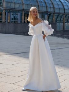 Satin wedding gown with off-shoulder balloon sleeves