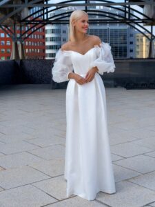 Satin wedding gown with off-shoulder balloon sleeves