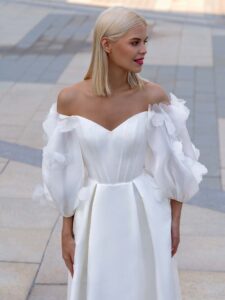 Satin wedding gown with off-shoulder balloon sleeves