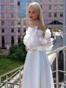 Satin wedding gown with off-shoulder balloon sleeves