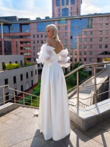 Satin wedding gown with off-shoulder balloon sleeves