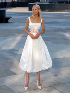 Modern midi bridal skirt with structured corset