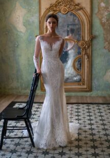 Style #2503L, Lace fit and flare wedding dress with long sleeves; available in ivory