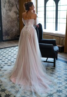 Style #2504L, pink powder wedding dress with sleeves; available in ivory, ivory-powder