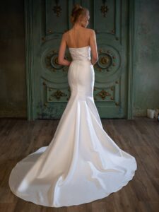 Mikado fit and flare wedding dress with a slit and detachable flower decor