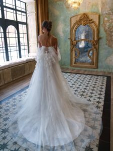 Off-the-shoulder ballgown wedding dress with lace embroidery