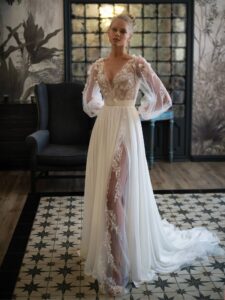 Chiffon sheath wedding dress with long sleeves