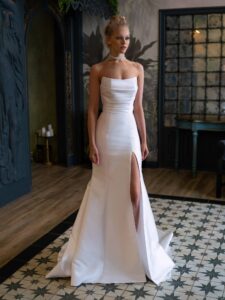 Mikado fit and flare wedding dress with a slit