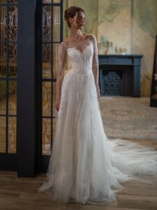 Beaded A-line wedding dress with long sleeves