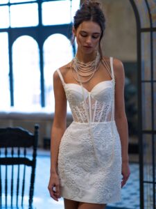 Short wedding dress with a bustier bodice