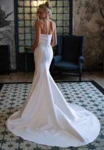 Style #2500L, Mikado fit and flare wedding dress with a slit; available in ivory