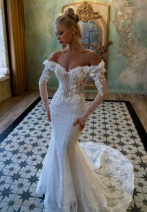 Style #2516L, off-the-shoulder mermaid wedding dress with long sleeves; available in ivory